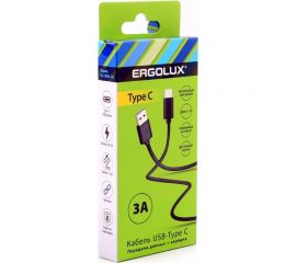 Кабель usb-type c Ergolux Elx-cdc02-c02 3а, 1,2м, черный, зарядка+передача данных, коробка 15094 