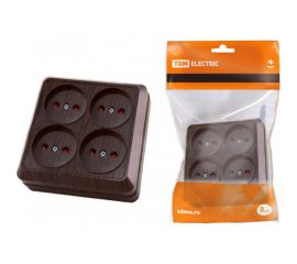 Четырехместная розетка TDM 2П открытой установки IP20 10A с защитными шторками бук Ладога SQ1801-0321 