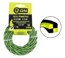 Леска триммерная 3 мм х 15 м, витой квадрат двухкомпонентный усиленный, черно-зеленая On 15-01-349 