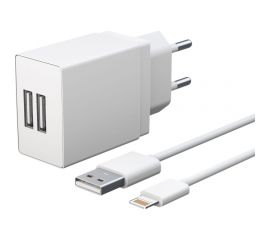 Универсальное сетевое зарядное устройство AKAI CH-6A18 2 USB 2.1A + дата-кабель 8-PIN, белый CH-6A18W 