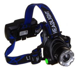 Налобный фонарь ЧИНГИСХАН 1 T6 LED, с фокусировкой, 2х1200мАч, 3 режима, пластик 221-024 