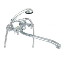 Ванно-душевой смеситель Juguni двуручный, с металлическим шлангом и хромированный лейкой 0402.720 