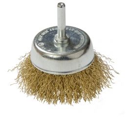 Щетка-крацовка чашка на шп??льке (50 мм; латунированная проволока) для дрели Orientcraft OCCB15020016 