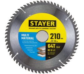 Пильный диск по алюминию STAYER Multi Material 210x32/30 мм, 64Т, супер чистый рез 3685-210-32-64 