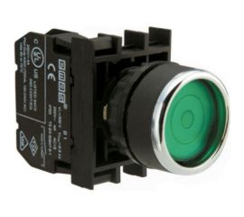 Нажимная кнопка EMAS круглая зелёная, с фиксацией, 1НО серия B 250В AC 4А с блоком подсветки B9 зелёный светодиод 12-30 В AC/DC B190FY 
