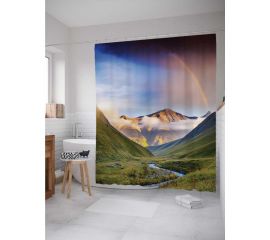 Штора (занавеска) для ванной JoyArty ""Радуга над туманными холмами"" из сатена, 180х200 см с крючками, sc_16196 