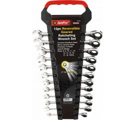Набор ключей AmPro комбинированных с храповиком 8-19мм, 12 предметов на клипсе T41688 