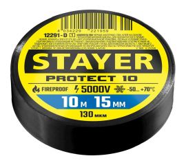 Изоляционная лента STAYER Protect-10 ПВХ 10м х 15 мм, 5000 В, черная 12291-D_z01 