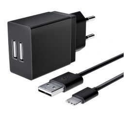 Универсальное сетевое зарядное устройство AKAI CH-6A09 2 USB 2.1A + дата-кабель Type C, черный CH-6A09B 