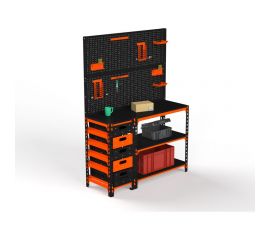 Стол-верстак ООО Металекс c одной тумбой, 950x1200x600 мм + двойная перфопанель с комплектом аксессуаров оранжево-чёрный 111196 