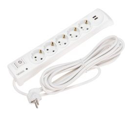 Сетевой фильтр KRANZ 5 гнезд, 5м, 3x1,5мм?, с автовыкл, 2 usb, белый 13-4701 