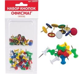 Набор ОФИСМАГ силовые кнопки-гвоздики, ассорти 50 шт, кнопки канцелярские цветные 50 шт, блистер 226253 
