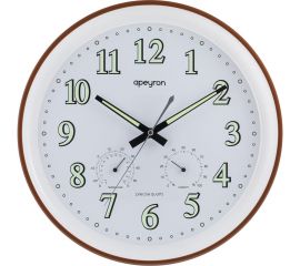 Круглые настенные часы Apeyron светящийся циферблат, термометр, гигрометр, коричневый, пластик, диаметр 34.1 см PL2207-263-3 