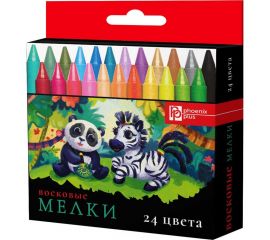 Восковые мелки Феникс + Зверята 24 цвета, 88x8 мм, круглый корпус, картонная коробка с европодвесом 59088 
