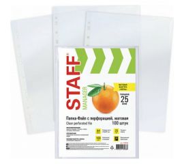 Перфорированные матовые папки-файлы STAFF ЭКОНОМ, А4 комплект 100 шт, 25 мкм, 226828 