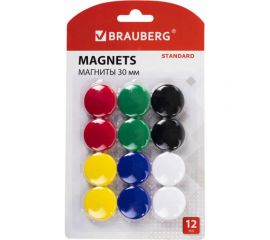 Магниты BRAUBERG STANDARD 30 мм, набор 12 шт, ассорти 237472 