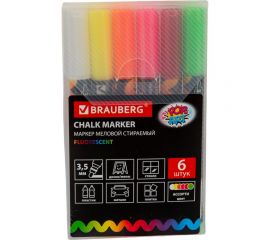 Сухостираемые меловые маркеры BRAUBERG POP-ART набор 6 шт, для гладких поверхностей, 3,5 мм, ассорти, 151526 