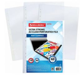 Плотные перфорированные матовые папки-файлы BRAUBERG EXTRA 600 А4, комплект 100 шт, 60 мкм 229664 