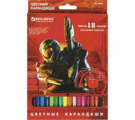 Цветные карандаши BRAUBERG Star Patrol, 18 цветов, заточенные, картонная упаковка 180547 