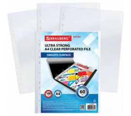 Плотные перфорированные глянцевые папки-файлы BRAUBERG EXTRA 600 А4 комплект 100 шт, 60 мкм 229665 