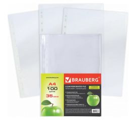 Перфорированные папки-файлы BRAUBERG Яблоко А4, комплект 100 шт, гладкие, 35 мкм 221710 