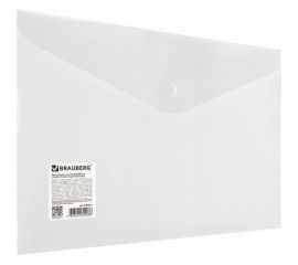 Папка-конверт с кнопкой BRAUBERG А4 до 100 листов, матовая прозрачная, сверхпрочная 0.18 мм, упаковка из 10 шт 270471 