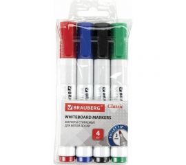 Стираемые маркеры для белой доски BRAUBERG CLASSIC набор 4 цвета, 3 мм, с клипом 152117 