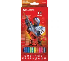 Цветные карандаши BRAUBERG Star Patrol, 12 цветов, заточенные, картонная упаковка 180532 