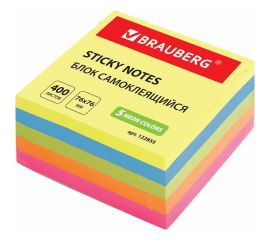 Блок самоклеящийся стикеры BRAUBERG НЕОН, 76х76 мм, 400 листов, 5 цвета 122855 