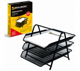 Горизонтальный металлический лоток для бумаг BRAUBERG Germanium 3 секции, А4, черный 231952 