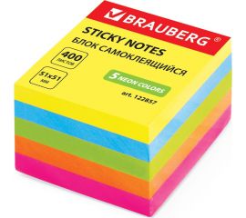 Самоклеящийся блок BRAUBERG стикеры, 51х51 мм, 400 листов, неоновый, 5 цветов 122857 