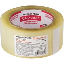 Клейкая лента BRAUBERG 48 мм х 100 м, упаковочная, прозрачная, 45 мкм, 221109 