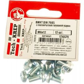 Винт Tech-Krep DIN7985 с полукруглой головкой, оцинкованный М6х12 12 шт - пакет 126579 