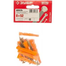 Универсальный дюбель Зубр полипропиленовый, с бортиком и оцинкованным шурупом, в п/э пакете тип 6, 8x52мм, 12шт 4-301206-08-052 