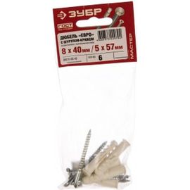 Распорный дюбель Зубр МАСТЕР тип ЕВРО с шурупом-крюком, 8х40 / 5х57 мм, 6 шт 30676-08-40 