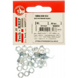 Шестигранная гайка DIN 934 оцинкованная М5, 40шт - пакет Tech-Krep 103024 