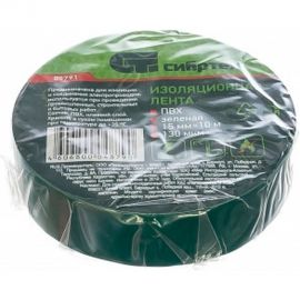 Изолента ПВХ СИБРТЕХ 15 ммх10 м 130 мкм зеленая 88791 