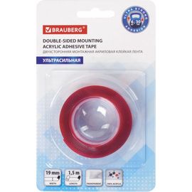 Монтажная прозрачная суперпрочная двусторонняя лента BRAUBERG 19 мм х 1,5 м, акриловая, 1 мм 606423 
