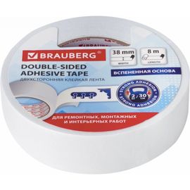 Клейкая двусторонняя лента BRAUBERG 38 мм х 8 м, на вспененной основе, 1 мм, прочная 606422 