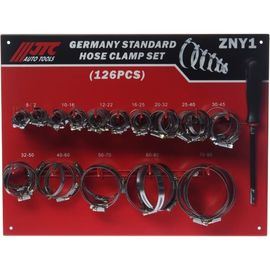 Набор червячных хомутов на стенде ZN8-ZN90 (125 шт.) с гибким воротком 7 мм JTC NEW JTC-ZNY1 