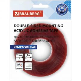 Монтажная прозрачная суперпрочная двусторонняя лента BRAUBERG 19 мм х 5 м, акриловая, 1 мм 606424 