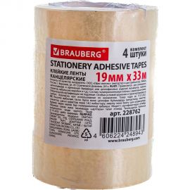 Клейкие ленты BRAUBERG 19 мм х 33 м, канцелярские, комплект 4шт., прозрачные 228762 