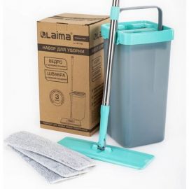 Швабра с отжимом и двухкамерным ведром ЛАЙМА LAIMA COMPACT MOP 3 насадки из микрофибры, 7 литров 607389 