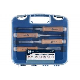 Набор плоских стамесок: 6, 12, 18, 24мм, длина 140мм, CR-V, деревянные рукоятки, точильный камень, 4шт, кейс КОБАЛЬТ 245-893 