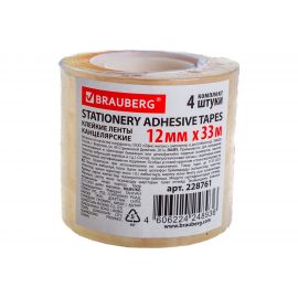 Клейкие ленты BRAUBERG 12 мм х 33 м, канцелярские, комплект 4 шт., прозрачные 228761 
