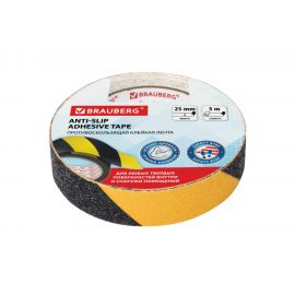 Клейкая противоскользящая лента BRAUBERG 25 мм х 5 м, черно-желтая, зернистая, основа ПВХ 606773 