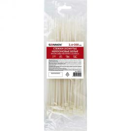 Нейлоновая сверхпрочная стяжка (хомут) SONNEN Power Lock, 3,6x200 мм, 100 шт., белая 607921 