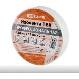 Изолента TDM ПВХ, профессиональная, 0,18x19 мм, белая, 20 м SQ0526-0061 