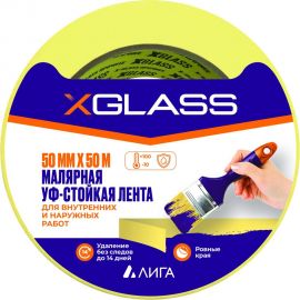 Малярная клейкая лента для наружных работ X-Glass УФ-стойкая, 100С, жёлтая, 50 мм, 50 м, крепированная УТ0008125 
