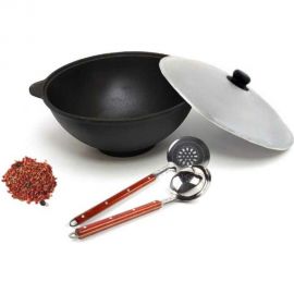 Чугунный казан Davr Metall Узбекский 6 л, плоское дно, с алюминиевой крышкой, с шумовкой, половником и специями КазУз6ЛПШПС 